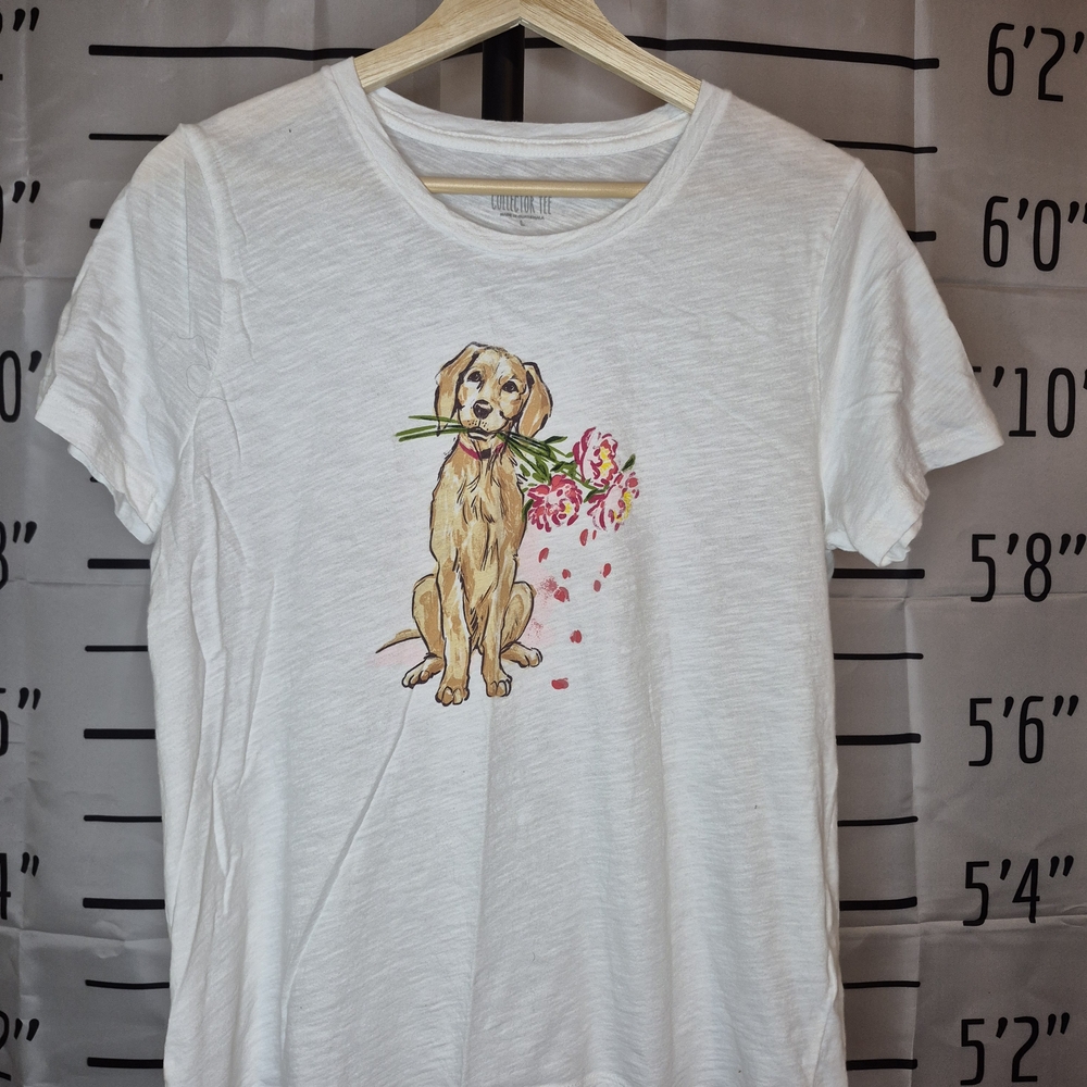 J. Crew White Tee with Dog and Floral Design
